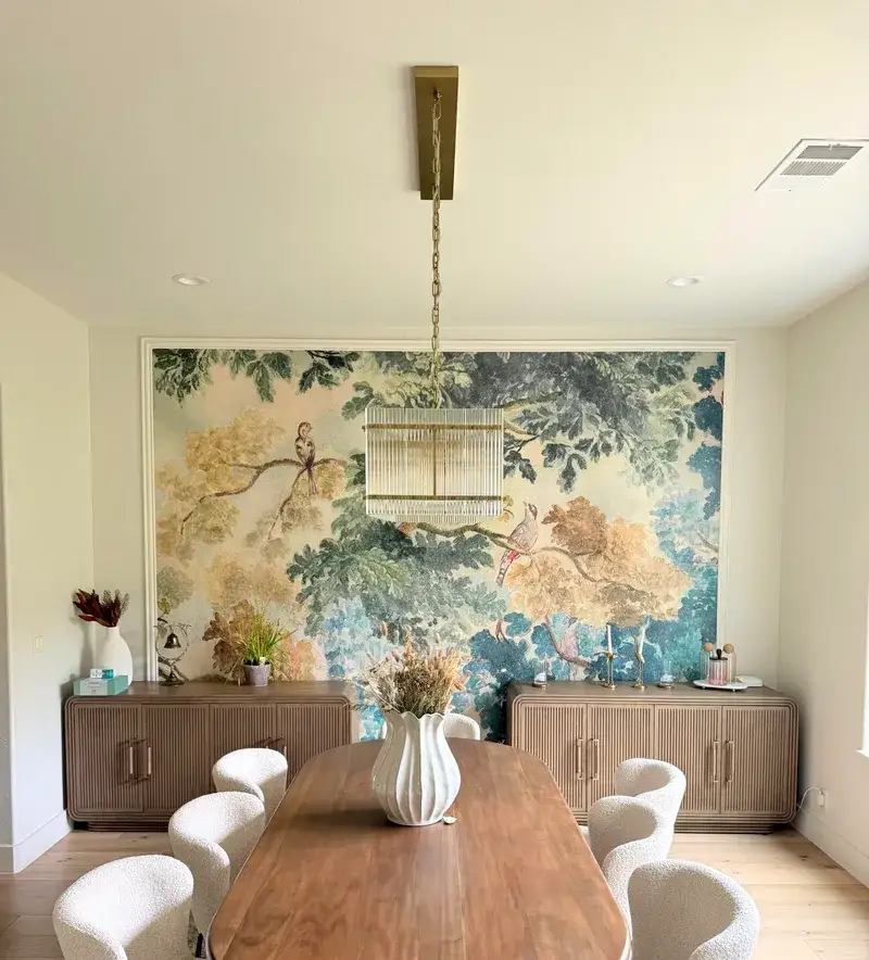Dining room with custom mural accent wall and full room repaint by V&S Services, Austin TX